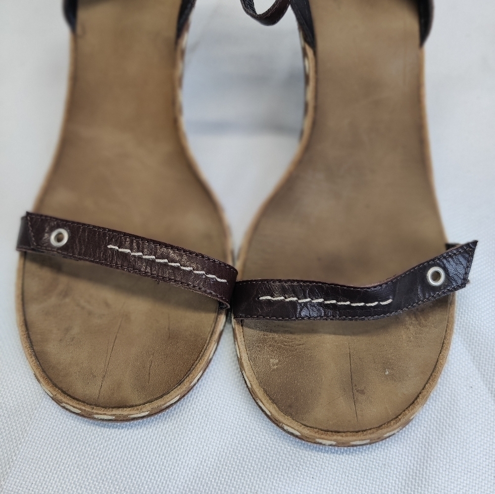 JOLIE Italy Ankle Strap Heels Brown Leather Round Toe Stiletto Thin Straps Sz 38 - Picture 3 of 10
